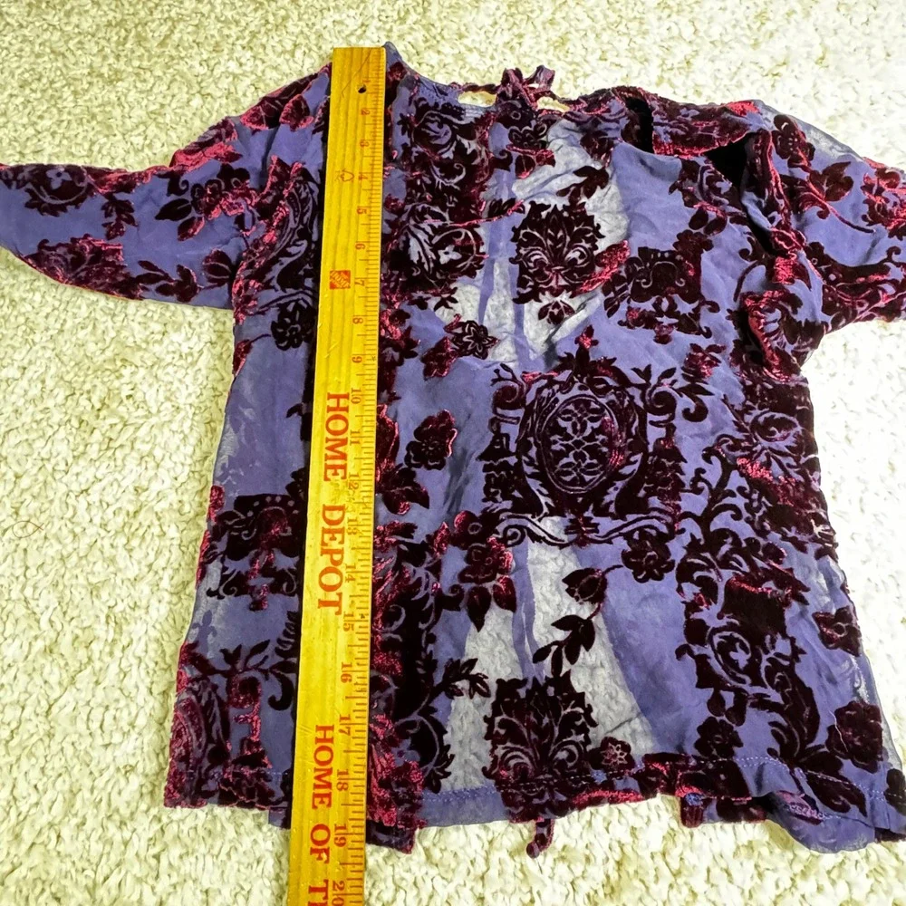 Velvet Burnout Floral Pants Set Purple Burgundy Sheer‎ Bohemian Blouse Top